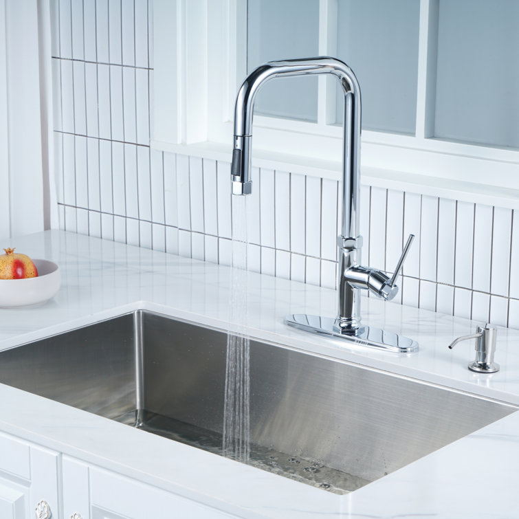Chrome Single Handle Pull-Out Kitchen Faucet with Soap Dispenser