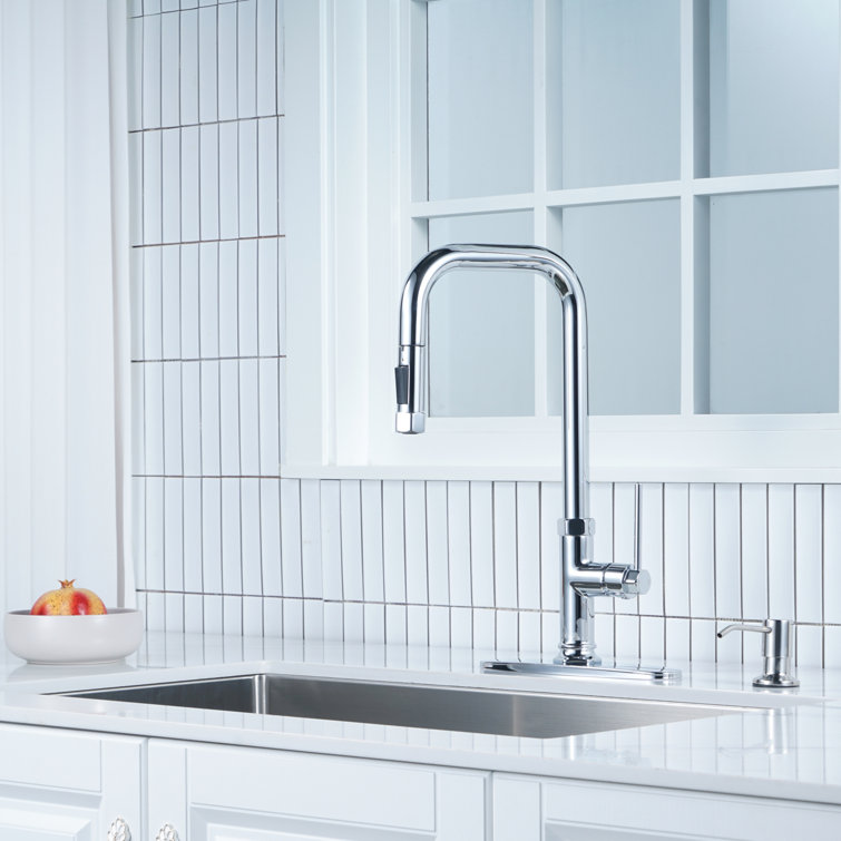 Chrome Single Handle Pull-Out Kitchen Faucet with Soap Dispenser