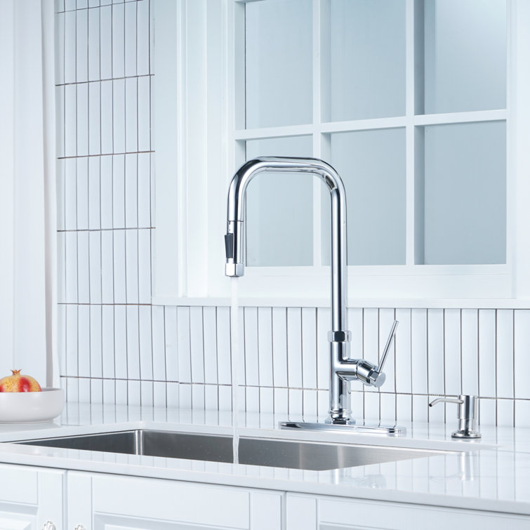 Chrome Single Handle Pull-Out Kitchen Faucet with Soap Dispenser