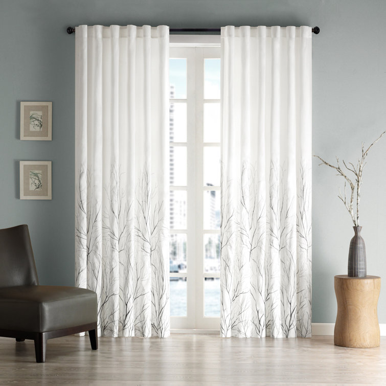 White Faux Silk Embroidered Puddle Length Curtain Panel