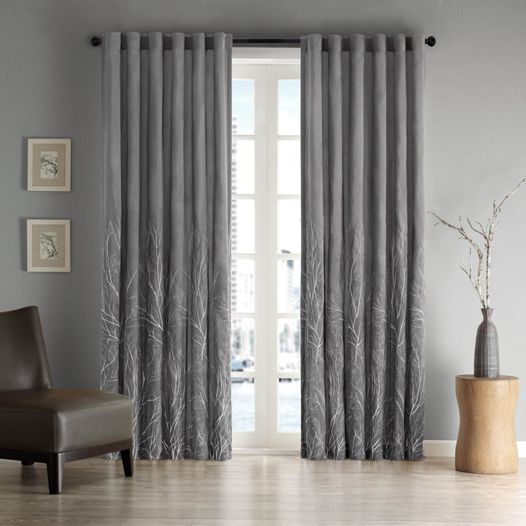 White Faux Silk Embroidered Puddle Length Curtain Panel