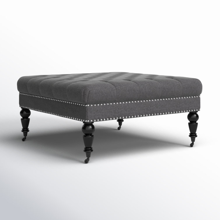 Isabelle Charcoal Linen 35" Square Tufted Ottoman with Nailhead Trim