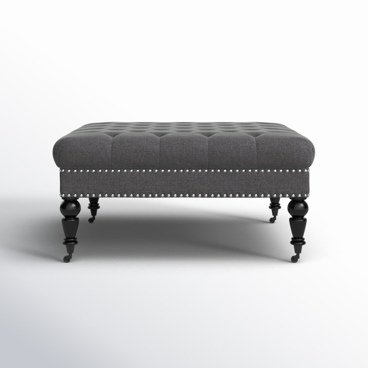 Isabelle Charcoal Linen 35" Square Tufted Ottoman with Nailhead Trim