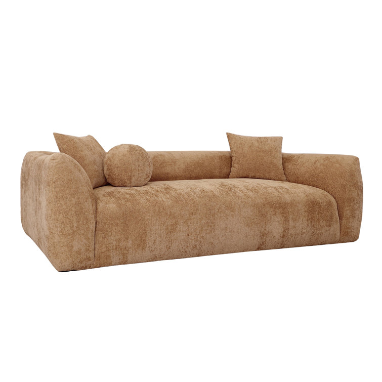 Camel Polyester Blend Upholstered Sofa with Solid Wood Frame