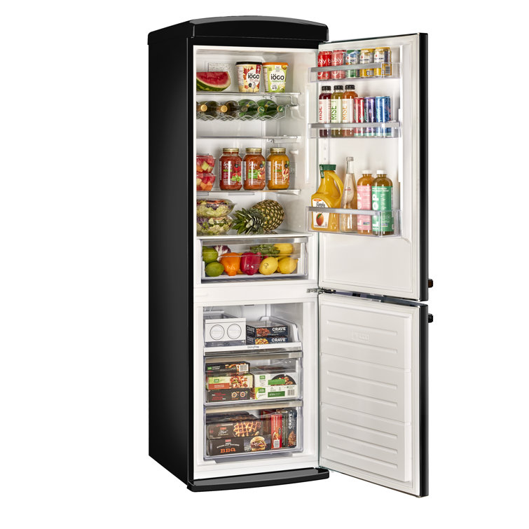 Midnight Black Retro 24" Bottom Mount Refrigerator with Chrome Accents