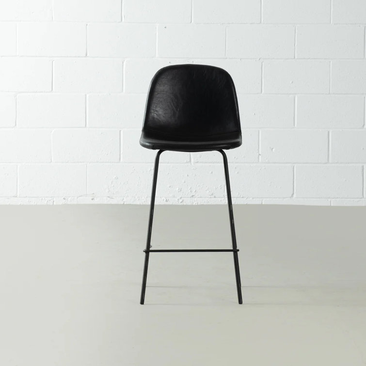 Midnight Black Vegan Leather Counter Stools with Metal Frame, Set of 2