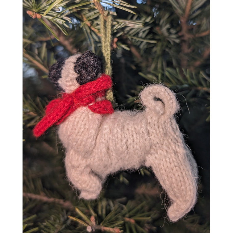 Hand-Knit White and Black Alpaca Wool Pug Ornament
