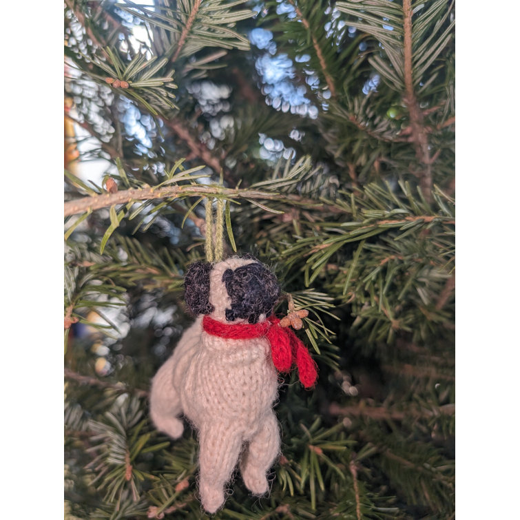 Hand-Knit White and Black Alpaca Wool Pug Ornament