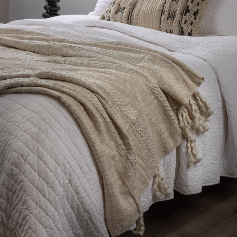 Natural Cotton Blend Textural Striped Tasseled Throw Blanket