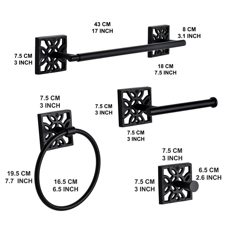 Matte Black 5-Piece Bathroom Hardware Set with Towel Rack