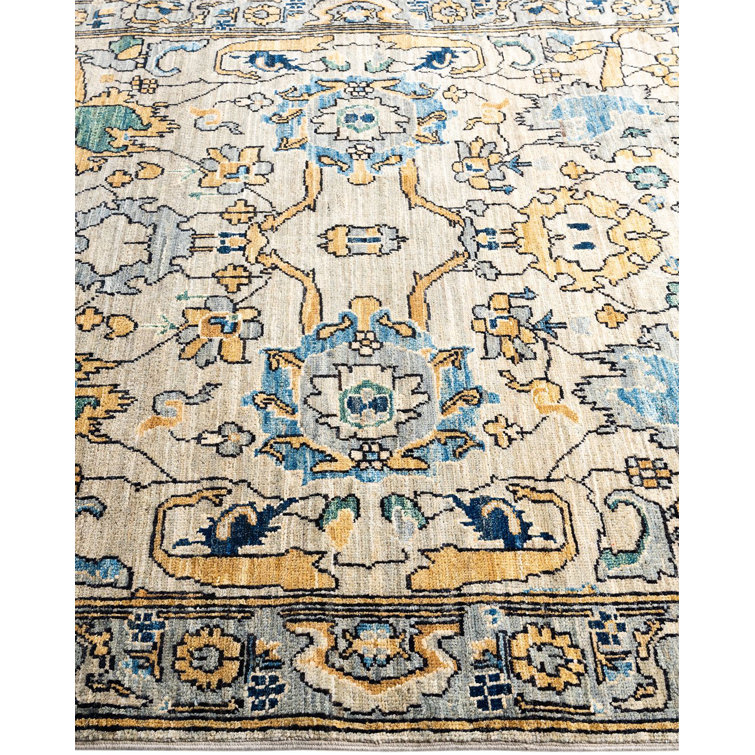 Handmade Geometric Wool Area Rug in Beige and Blue
