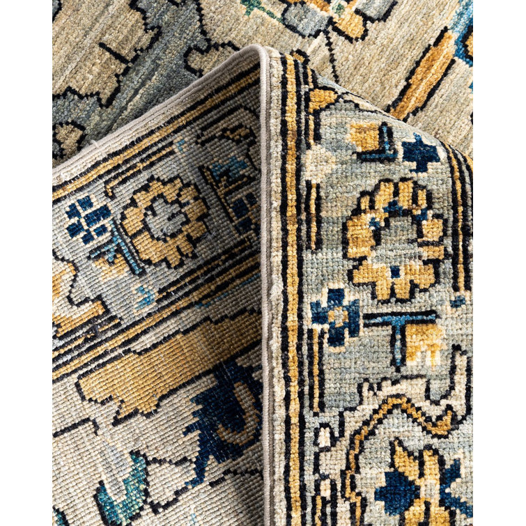Handmade Geometric Wool Area Rug in Beige and Blue