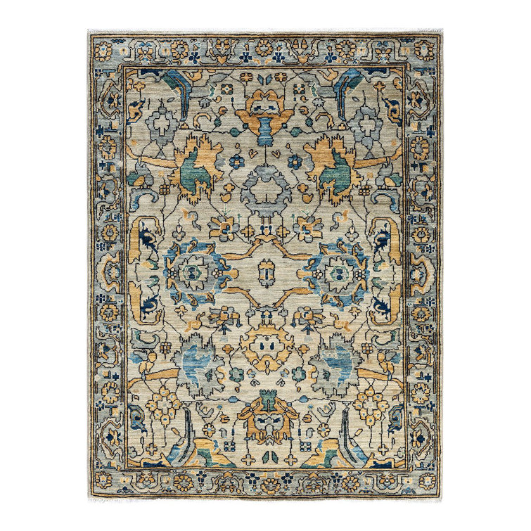 Handmade Geometric Wool Area Rug in Beige and Blue