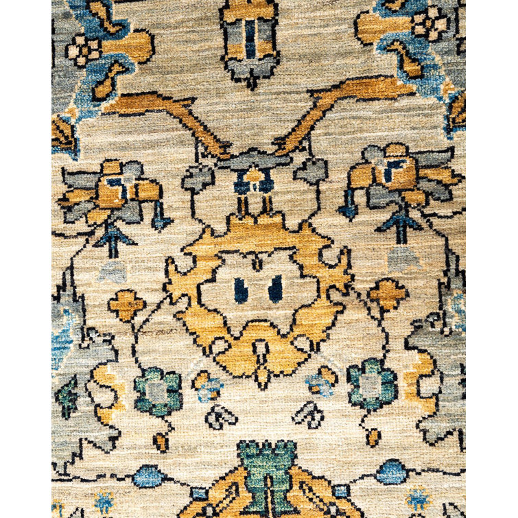 Handmade Geometric Wool Area Rug in Beige and Blue