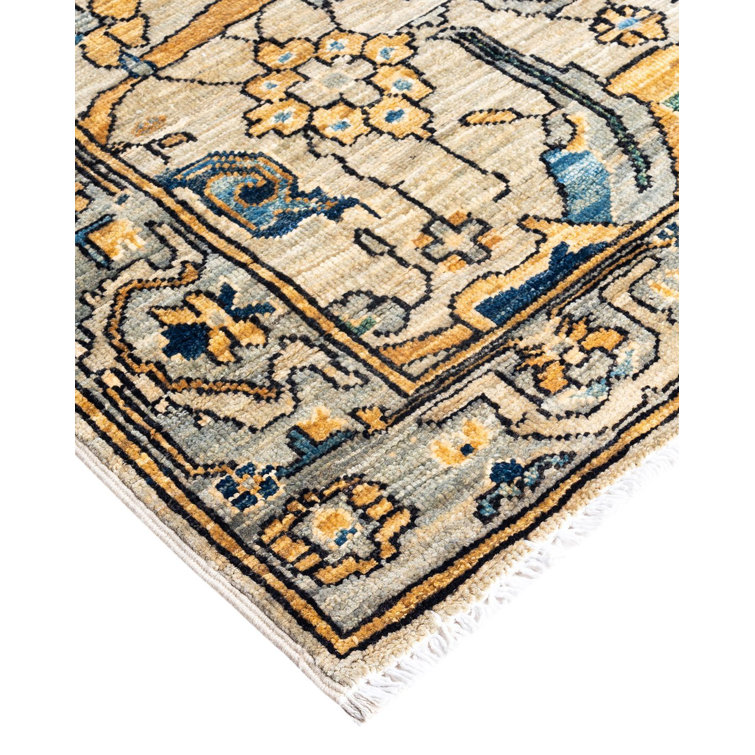 Handmade Geometric Wool Area Rug in Beige and Blue