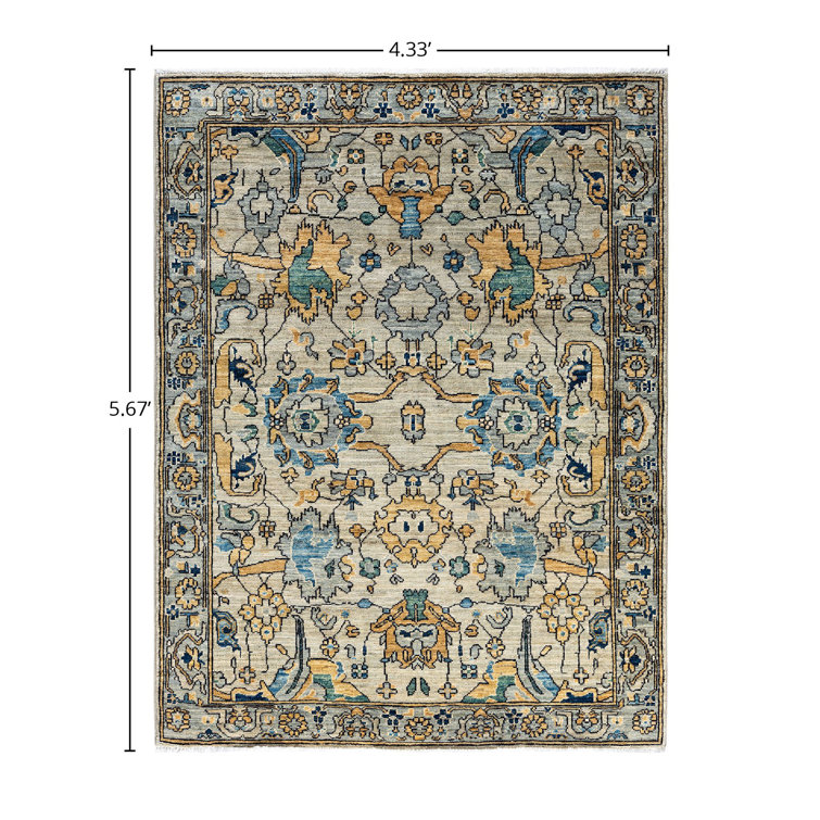Handmade Geometric Wool Area Rug in Beige and Blue