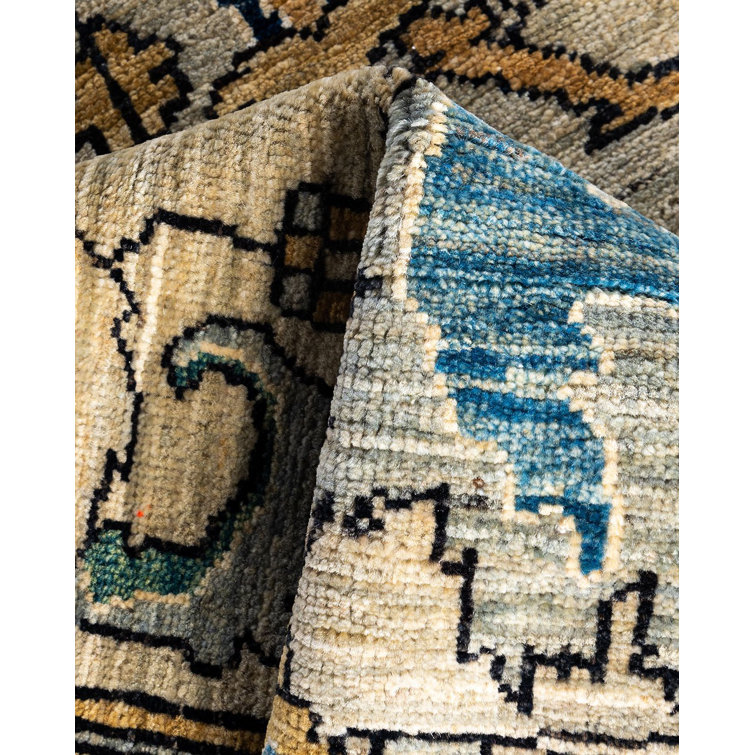 Handmade Geometric Wool Area Rug in Beige and Blue