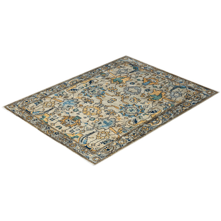 Handmade Geometric Wool Area Rug in Beige and Blue
