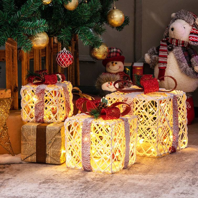Warm White LED Lighted Christmas Gift Boxes Set with Red Bows