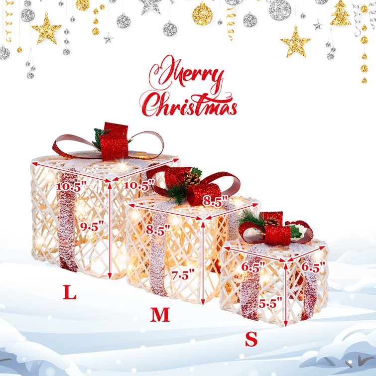 Warm White LED Lighted Christmas Gift Boxes Set with Red Bows