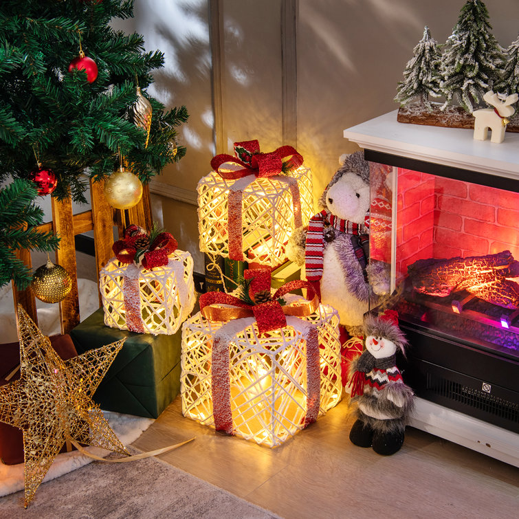 Warm White LED Lighted Christmas Gift Boxes Set with Red Bows