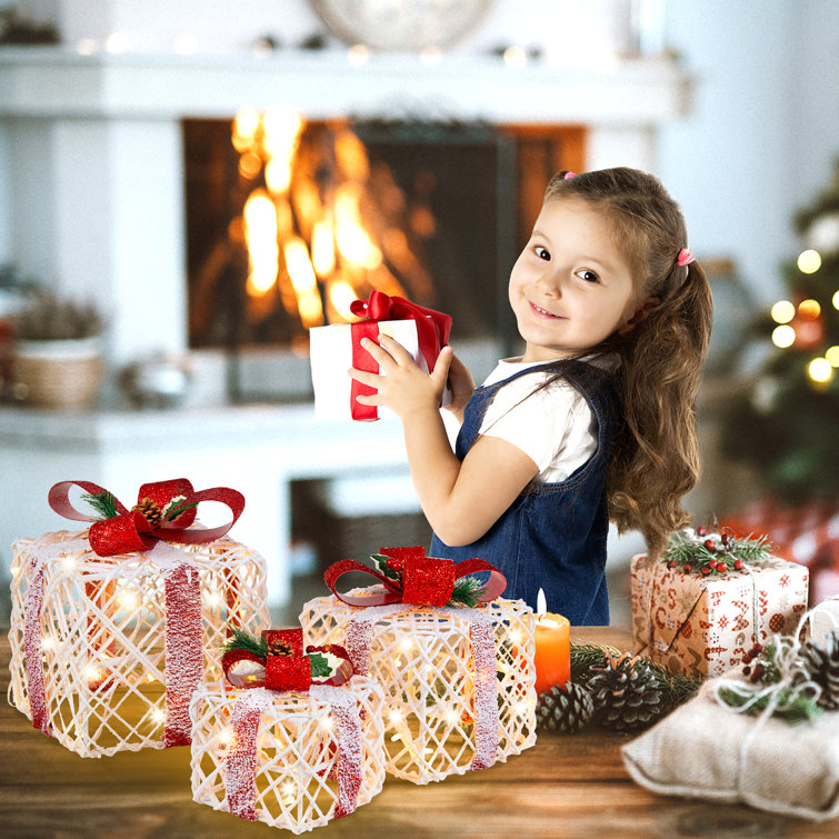 Warm White LED Lighted Christmas Gift Boxes Set with Red Bows
