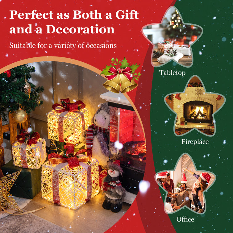 Warm White LED Lighted Christmas Gift Boxes Set with Red Bows