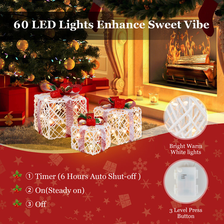 Warm White LED Lighted Christmas Gift Boxes Set with Red Bows