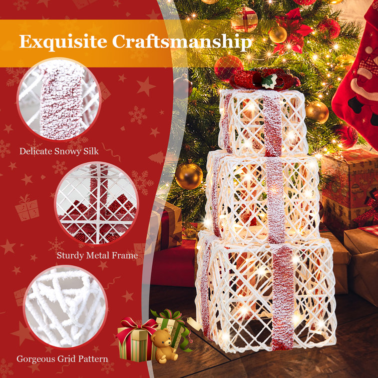 Warm White LED Lighted Christmas Gift Boxes Set with Red Bows
