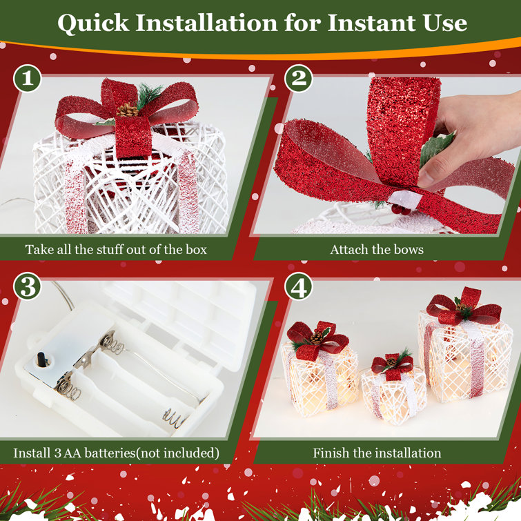 Warm White LED Lighted Christmas Gift Boxes Set with Red Bows