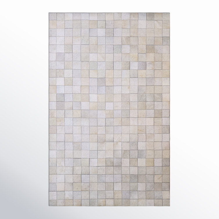 Handmade Ivory Geometric Cowhide Rectangular Rug 5' x 8'