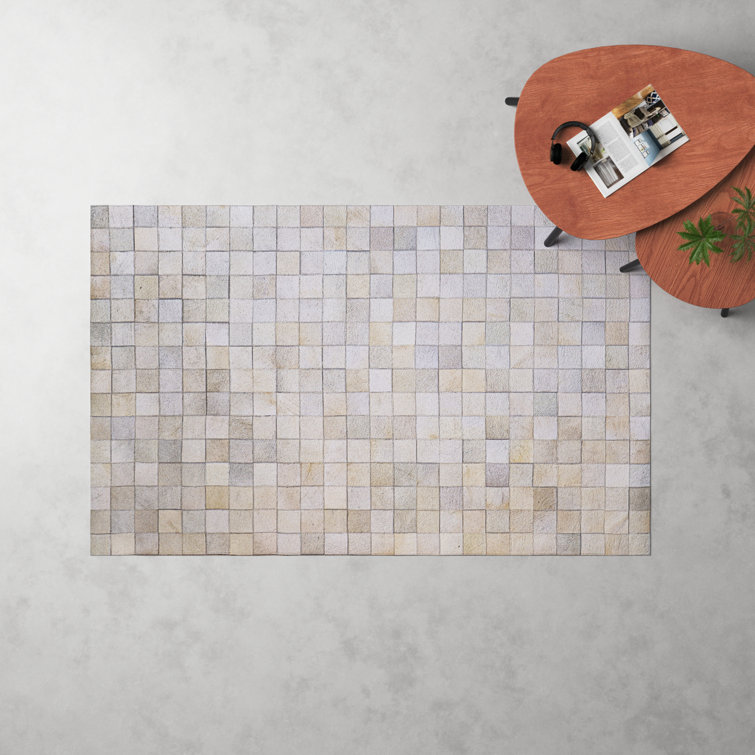 Handmade Ivory Geometric Cowhide Rectangular Rug 5' x 8'