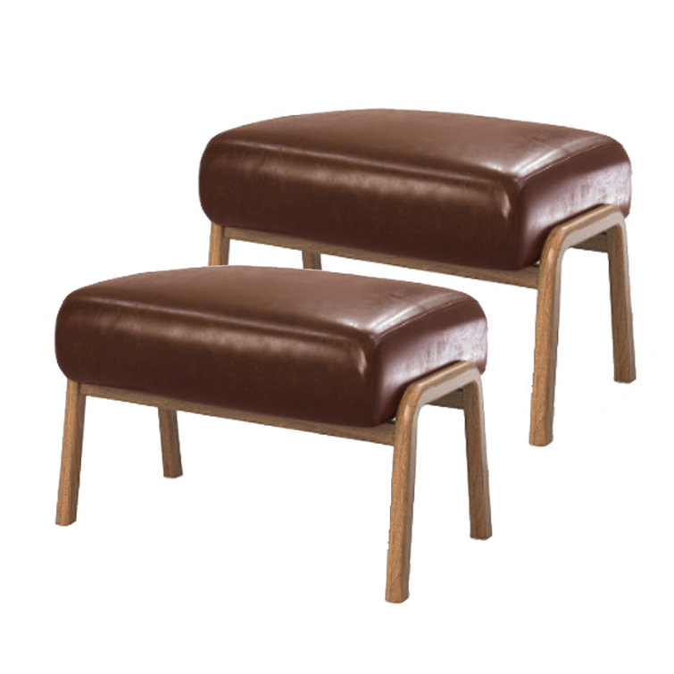 Mid-Century Brown Faux Leather and Rubberwood Accent Stools Set