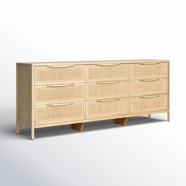 Natural Mango Wood 9-Drawer Dresser with Cane Front