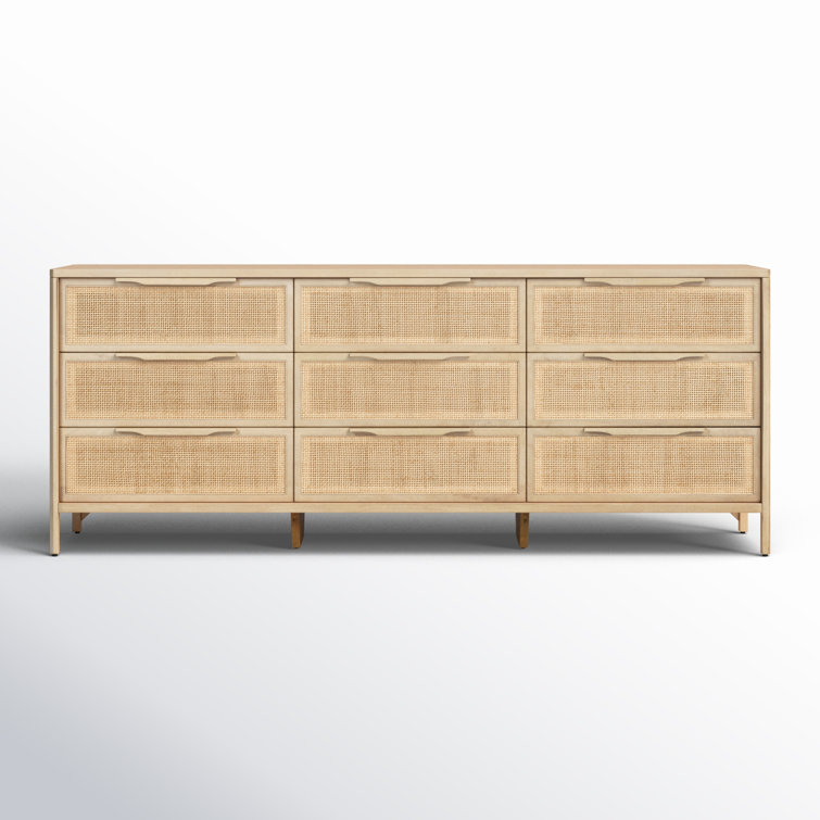 Natural Mango Wood 9-Drawer Dresser with Cane Front