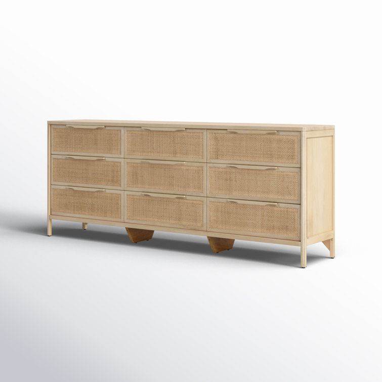 Natural Mango Wood 9-Drawer Dresser with Cane Front