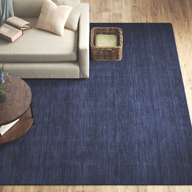 Handwoven Blue Wool Rectangular Stain-Resistant Rug