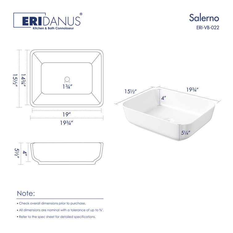Salerno 20" x 15" White Vitreous China Rectangular Vessel Sink
