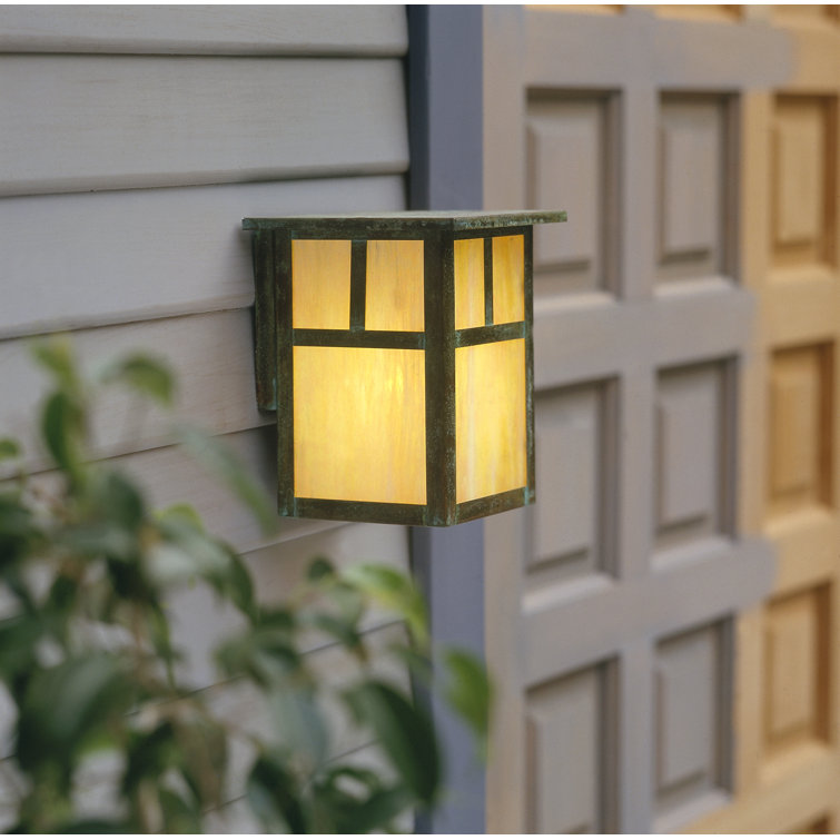 Verdigris Patina Brass Outdoor Wall Lantern with Gold White Iridescent Glass