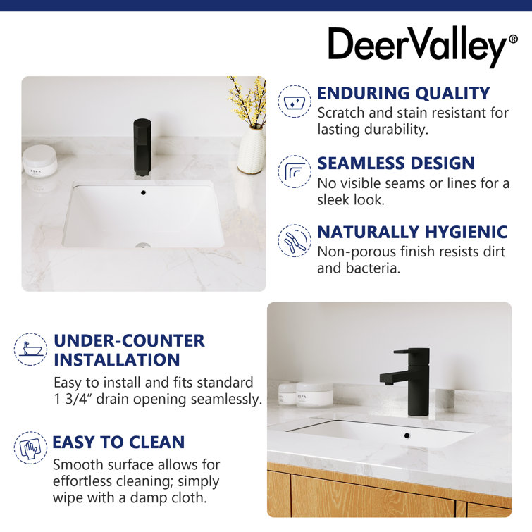 White Ceramic Rectangular Undermount Bathroom Sink with Overflow