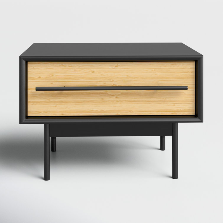 Black and Natural Bamboo 1-Drawer Nightstand with Metal Handle
