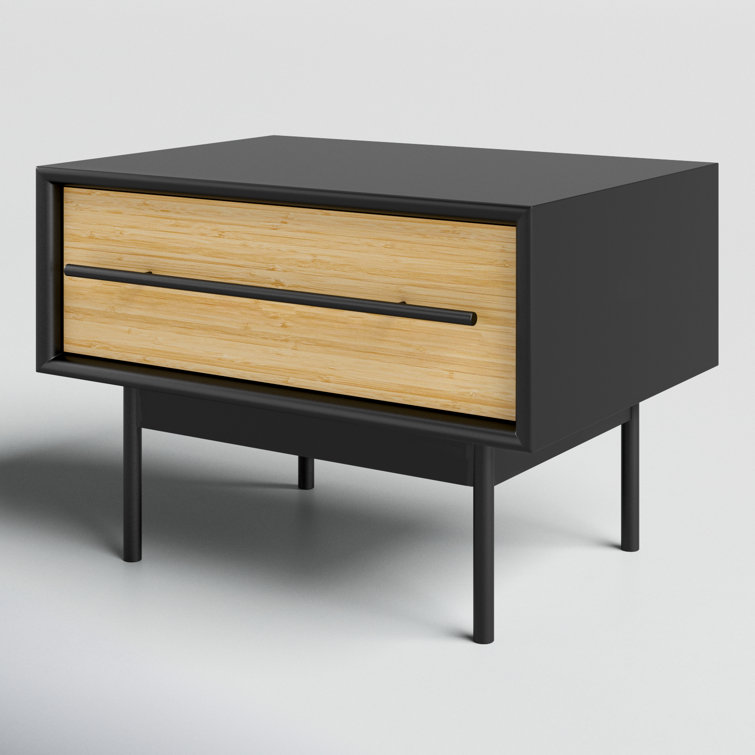 Black and Natural Bamboo 1-Drawer Nightstand with Metal Handle