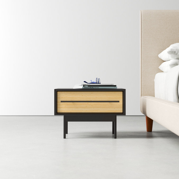 Black and Natural Bamboo 1-Drawer Nightstand with Metal Handle