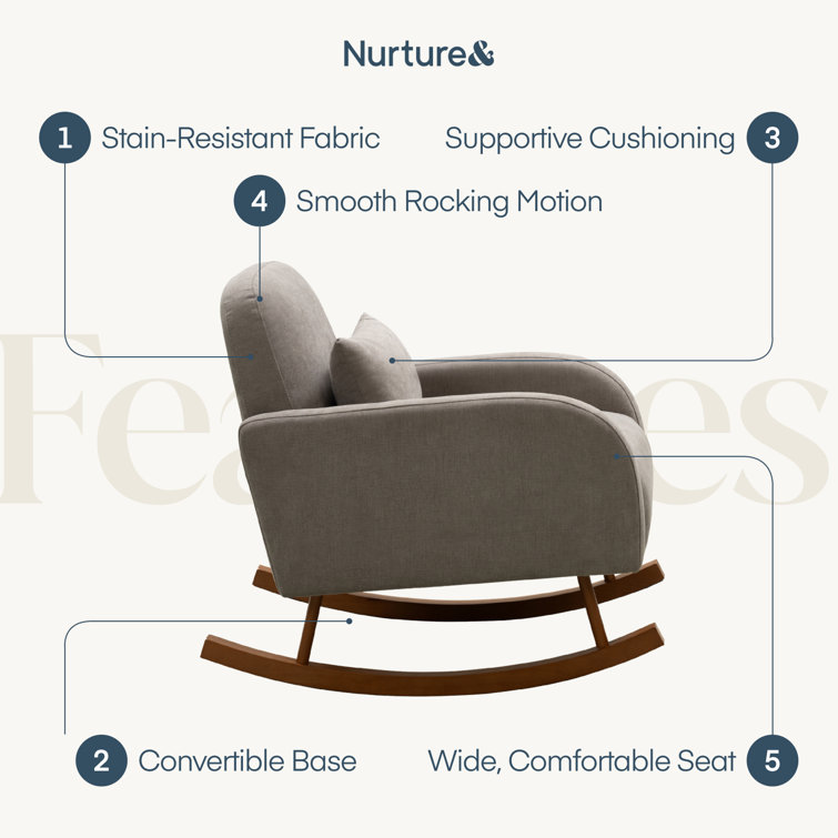 Gray Upholstered Modern Rocking Chair with Wooden Legs