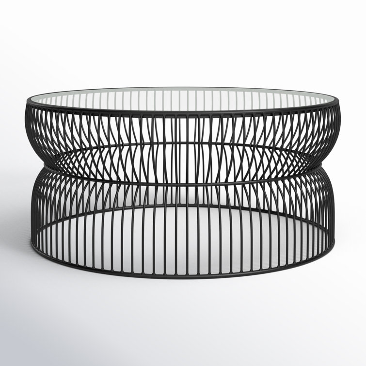 Round Black Iron Cage Coffee Table with Glass Top