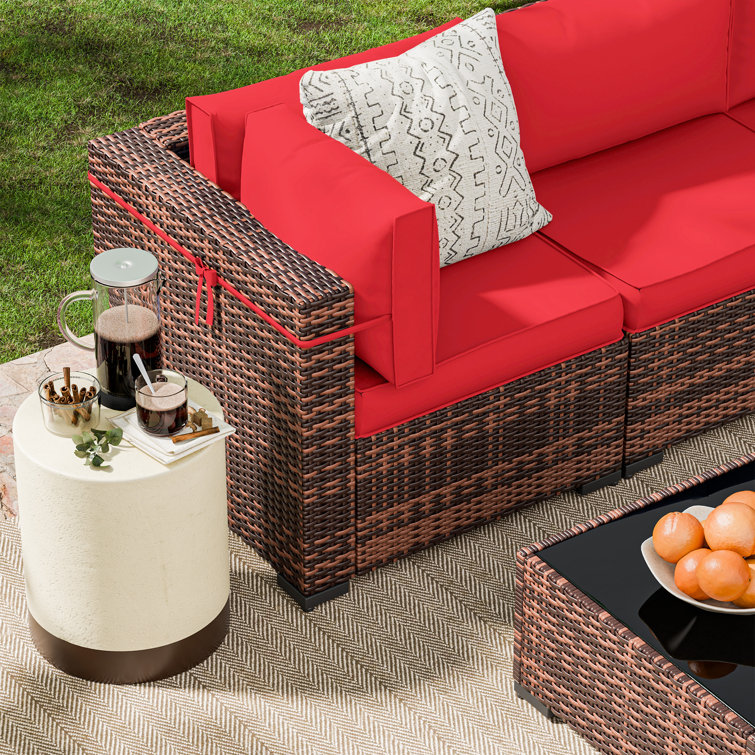 Wine Red 7-Piece Rattan Outdoor Sectional Sofa Set with Cushions