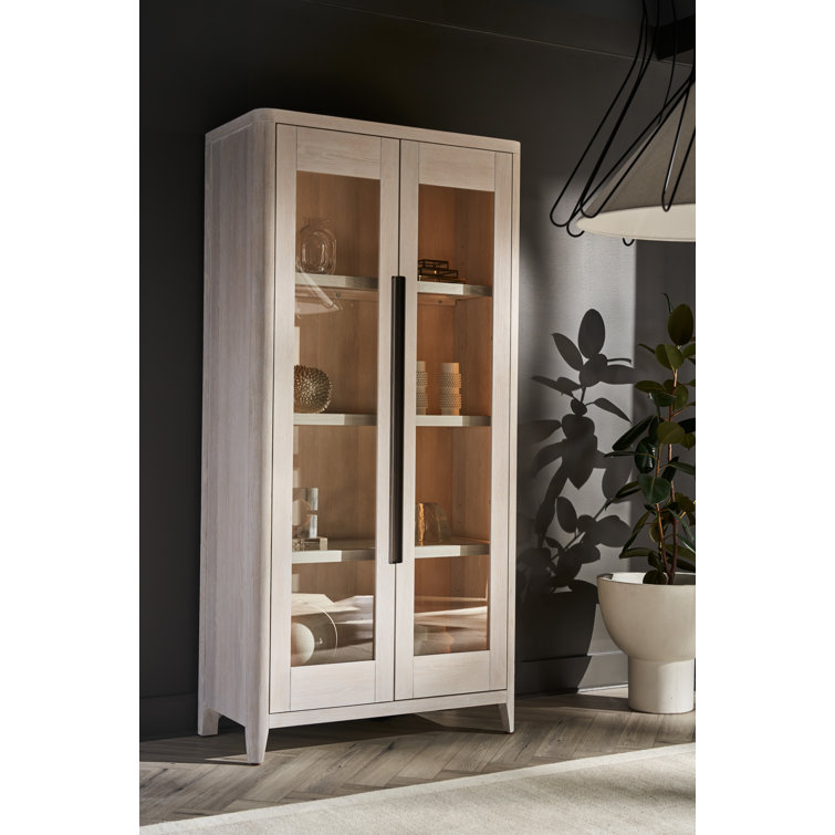 Tall Natural Oak Glass Door Display Cabinet