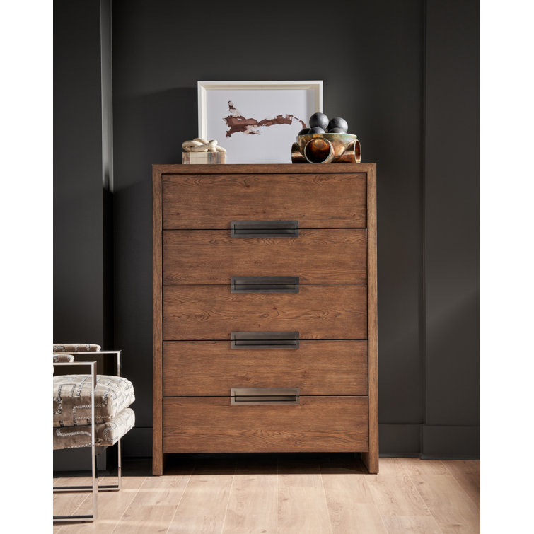 Medium Brown Oak 5-Drawer Dresser with Bronze Pulls