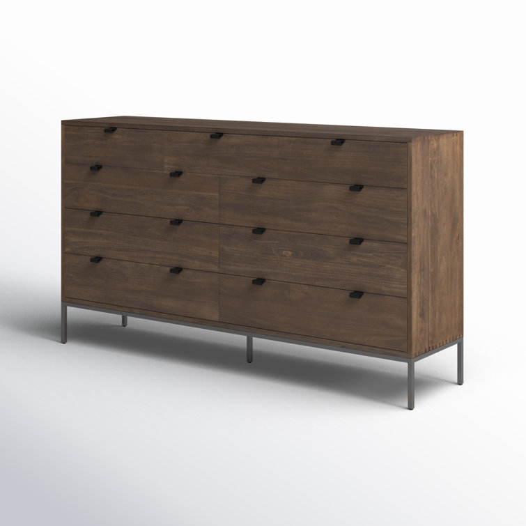 Auburn Poplar 70'' Mid-Century Double Dresser with Leather Pulls
