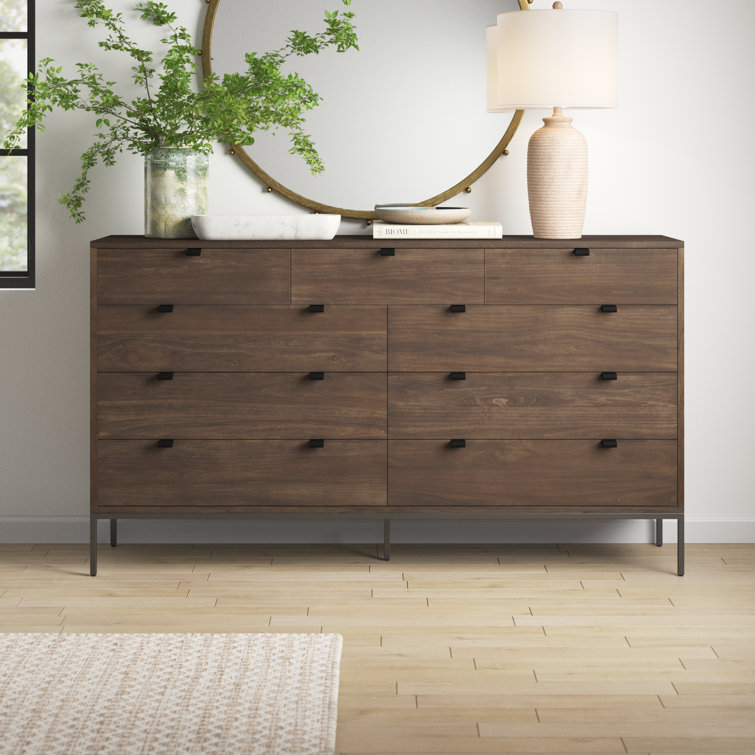 Auburn Poplar 70'' Mid-Century Double Dresser with Leather Pulls